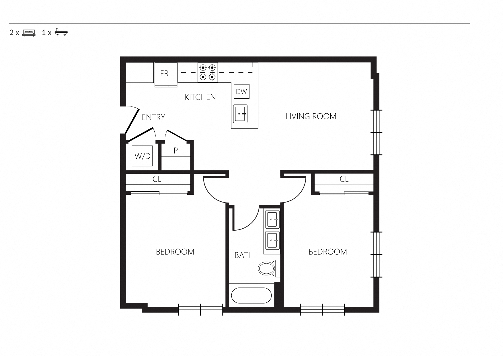 Floor plan for 2 beds, 2 baths, 876 sqft